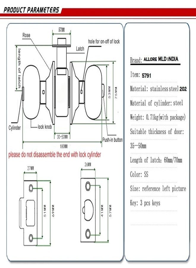 MLD Matte Finish Stainless Steel 202 Lockset Cylindrical Lock Latch Door Tubular Door Lock Silver with 3 Keys - Image 2