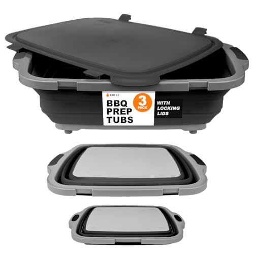 Drip EZ Collapsible BBQ Prep Tubs 3-Piece Set- For Meal Prep Marinating Food Storage - Includes Cutting Board & Lid - (1) JR + (1) OG + (1) XL - Black - Image 1