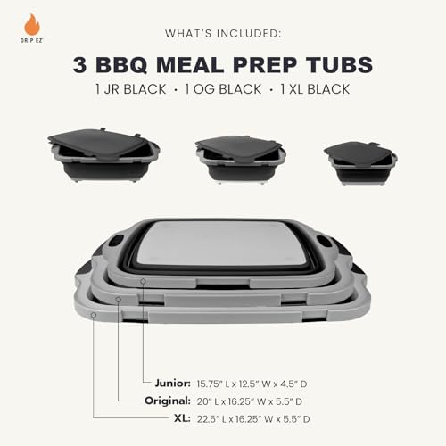Drip EZ Collapsible BBQ Prep Tubs 3-Piece Set- For Meal Prep Marinating Food Storage - Includes Cutting Board & Lid - (1) JR + (1) OG + (1) XL - Black - Image 2