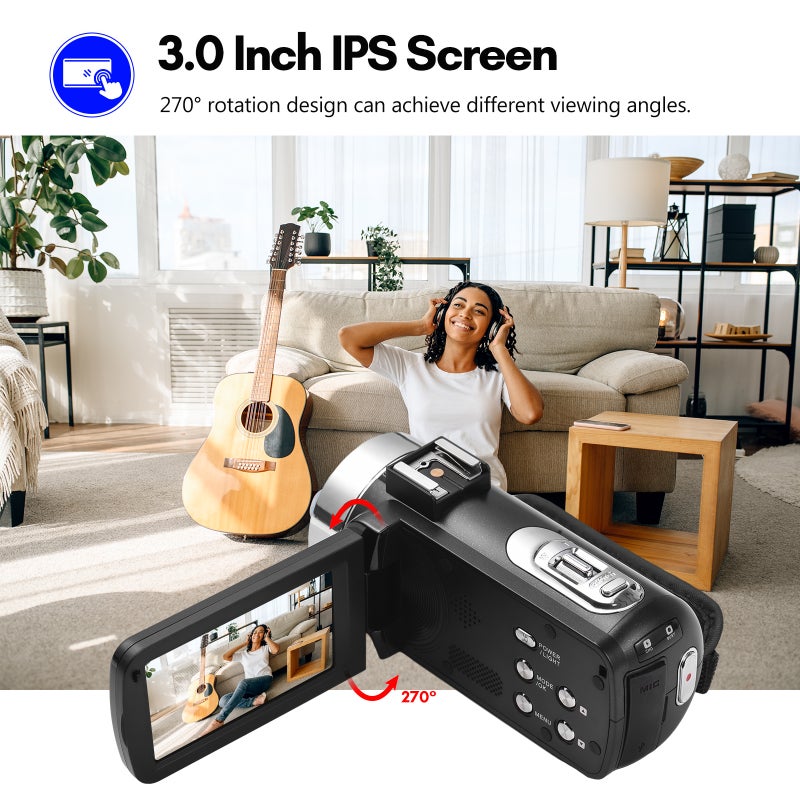 1080P Digital Video Camera FHD Camcorder DV Recorder 30MP 18X Digital Zoom 3.0 Inch Screen Supports Auto Focus Face Detection Anti-shake with 2pcs Batteries + Remote Control for YouTube Vlogging - Image 4