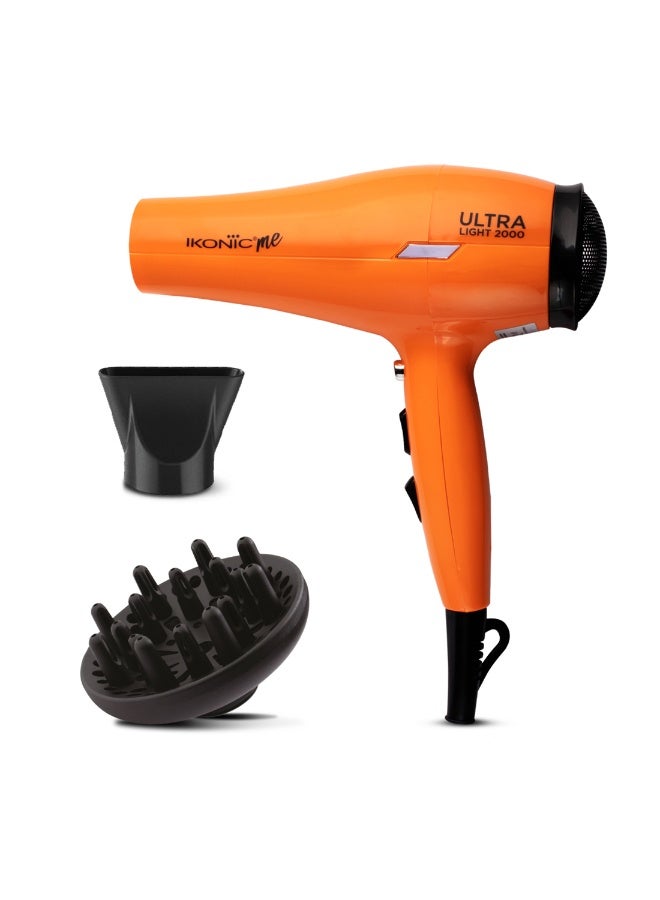 Ikonic Ultralight Professional Hair Dryer, Orange, 2000W with Diffuser & Nozzle – 3 Heat & 2 Speed Settings, Cool Shot, Lightweight Design, All Hair Type - Image 1