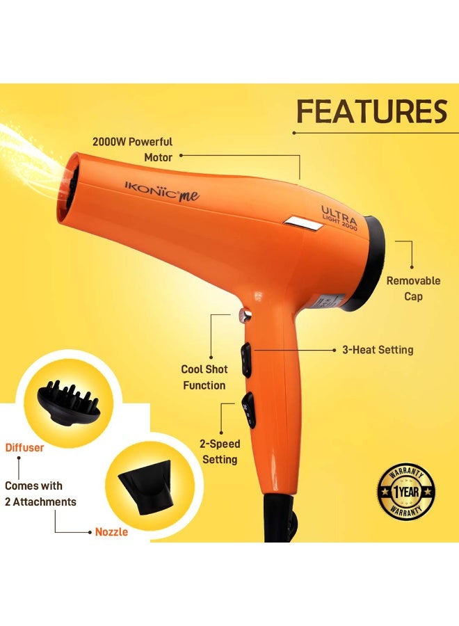 Ikonic Ultralight Professional Hair Dryer, Orange, 2000W with Diffuser & Nozzle – 3 Heat & 2 Speed Settings, Cool Shot, Lightweight Design, All Hair Type - Image 2