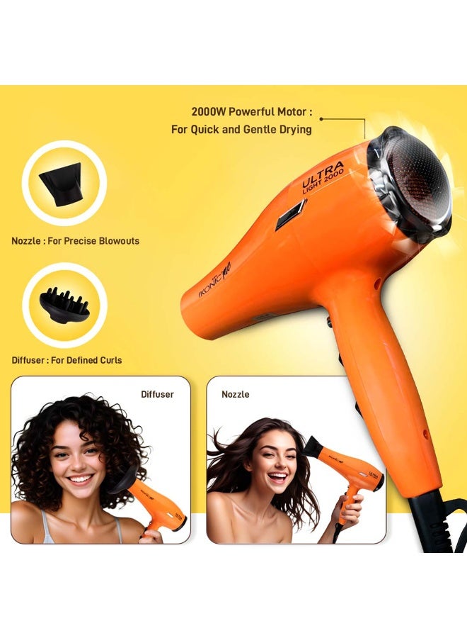 Ikonic Ultralight Professional Hair Dryer, Orange, 2000W with Diffuser & Nozzle – 3 Heat & 2 Speed Settings, Cool Shot, Lightweight Design, All Hair Type - Image 3