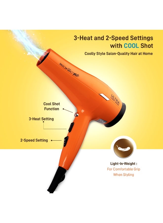 Ikonic Ultralight Professional Hair Dryer, Orange, 2000W with Diffuser & Nozzle – 3 Heat & 2 Speed Settings, Cool Shot, Lightweight Design, All Hair Type - Image 4