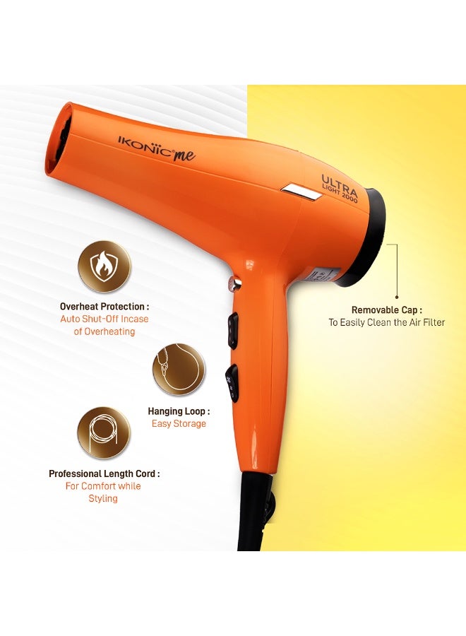 Ikonic Ultralight Professional Hair Dryer, Orange, 2000W with Diffuser & Nozzle – 3 Heat & 2 Speed Settings, Cool Shot, Lightweight Design, All Hair Type - Image 5