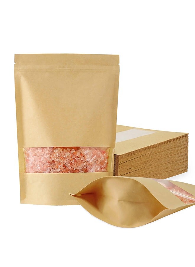 50 Pcs Kraft Paper Bags with Window, Stand Up Pouches Bags, Zip Lock Food Storage Bags for Packaging Products, Reusable, Sealable - Image 1