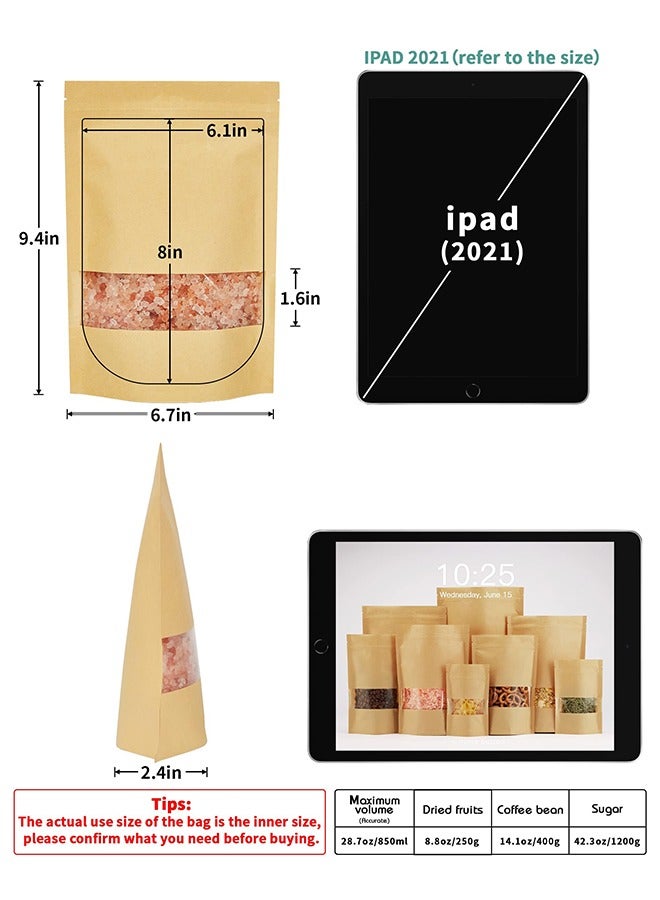 50 Pcs Kraft Paper Bags with Window, Stand Up Pouches Bags, Zip Lock Food Storage Bags for Packaging Products, Reusable, Sealable - Image 2