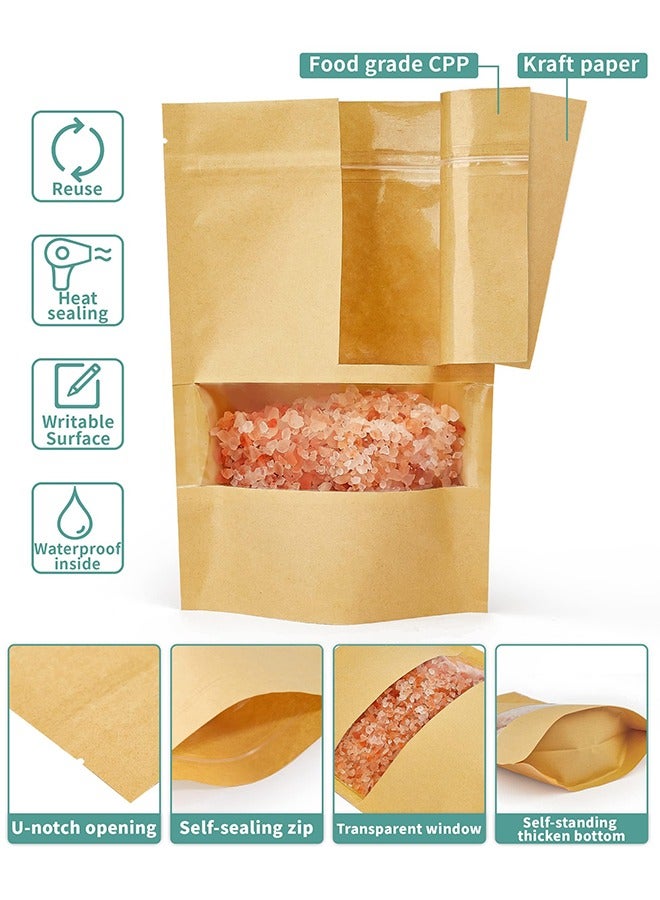 50 Pcs Kraft Paper Bags with Window, Stand Up Pouches Bags, Zip Lock Food Storage Bags for Packaging Products, Reusable, Sealable - Image 3