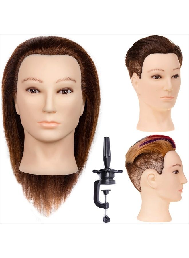 Stancia Mannequin Head, Male Mannequin Head with 100% Human Hair, 14" Barber Mannequin Head, Hairdresser Training Doll Manikin Head for Hair Styling and Practice (Dark Brown) - Image 1