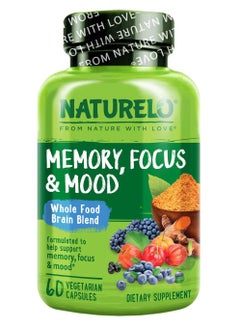 NATURELO Whole Food Brain Blend Supplement, Helps Support Memory, Focus and Mood 60 Capsules 30 Servings 