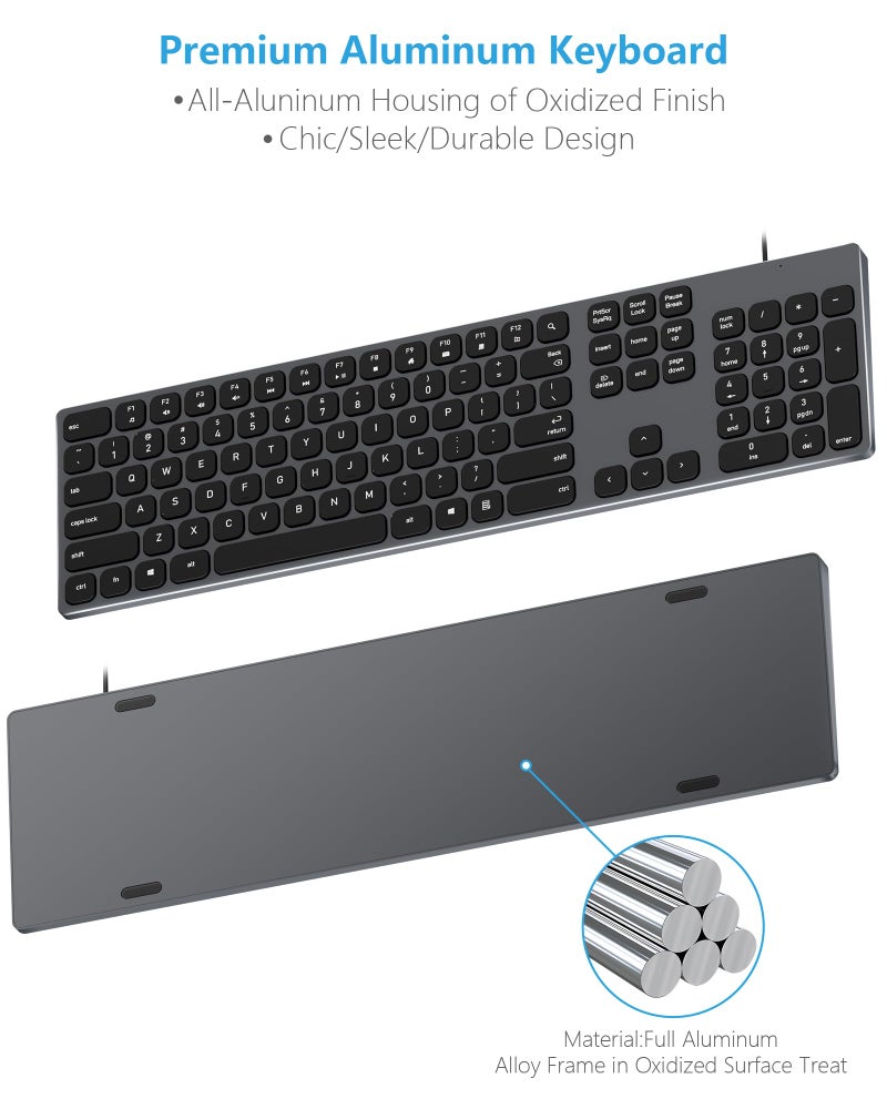9H Aluminum USB Wired Keyboard with Numeric Keypad for PC Windows 10/8 / 7 / Vista/XP - Image 4