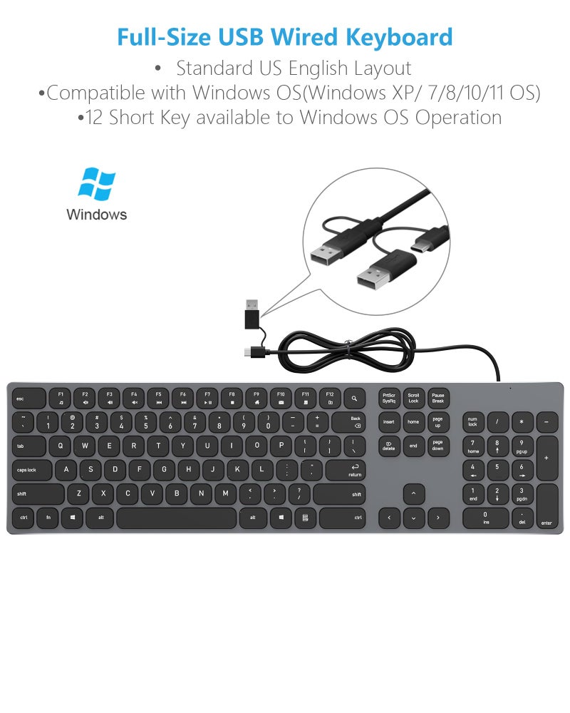 9H Aluminum USB Wired Keyboard with Numeric Keypad for PC Windows 10/8 / 7 / Vista/XP - Image 3