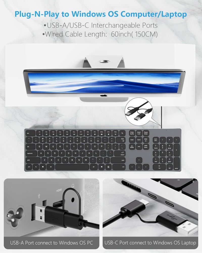 9H Aluminum USB Wired Keyboard with Numeric Keypad for PC Windows 10/8 / 7 / Vista/XP - Image 5