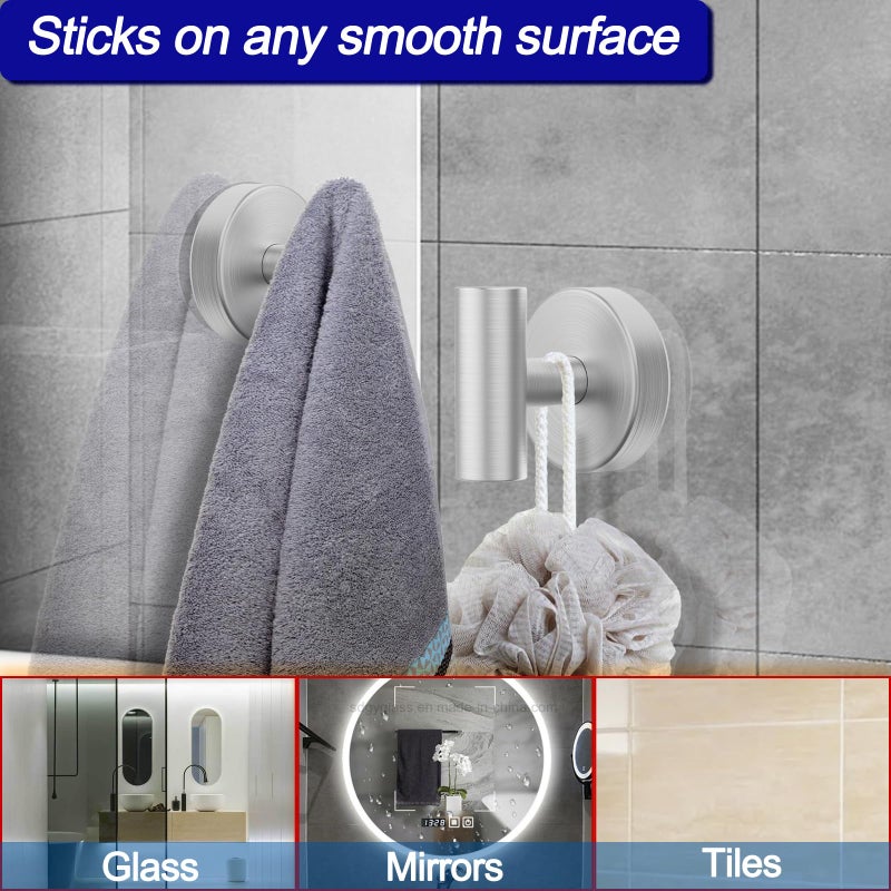 Bntuk Suction Cup Hooks, Shower Hooks for Inside Shower â€“ Removable Towel Hooks for Bathroom Window Glass Mirror Tile, Bath Robe Looafh Hook for Hanging â€“ Waterproof & Rustproof, Silver(2 Pack) - Image 3