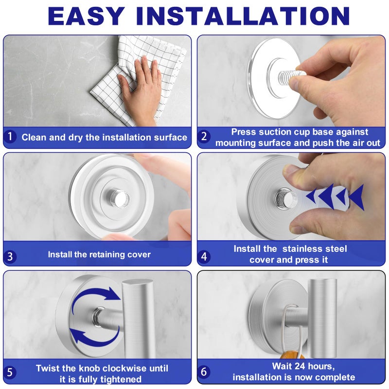 Bntuk Suction Cup Hooks, Shower Hooks for Inside Shower â€“ Removable Towel Hooks for Bathroom Window Glass Mirror Tile, Bath Robe Looafh Hook for Hanging â€“ Waterproof & Rustproof, Silver(2 Pack) - Image 4