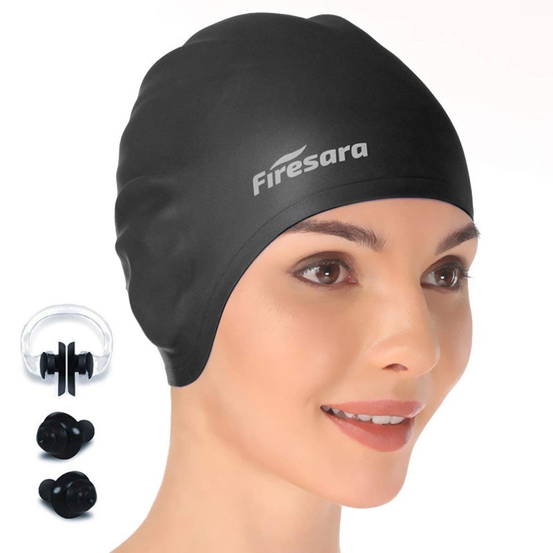 Firesara Swim Cap, Firesara Original Undated Swimming Cap 3D Ergonomic Design Comfortable Durable Ear Protection for Women Kids Adults Men Boys Girls for Long or short Hair with Nose Clip and Ear Plugs (Black) - Image 1