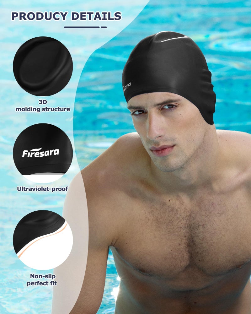 Firesara Swim Cap, Firesara Original Undated Swimming Cap 3D Ergonomic Design Comfortable Durable Ear Protection for Women Kids Adults Men Boys Girls for Long or short Hair with Nose Clip and Ear Plugs (Black) - Image 2