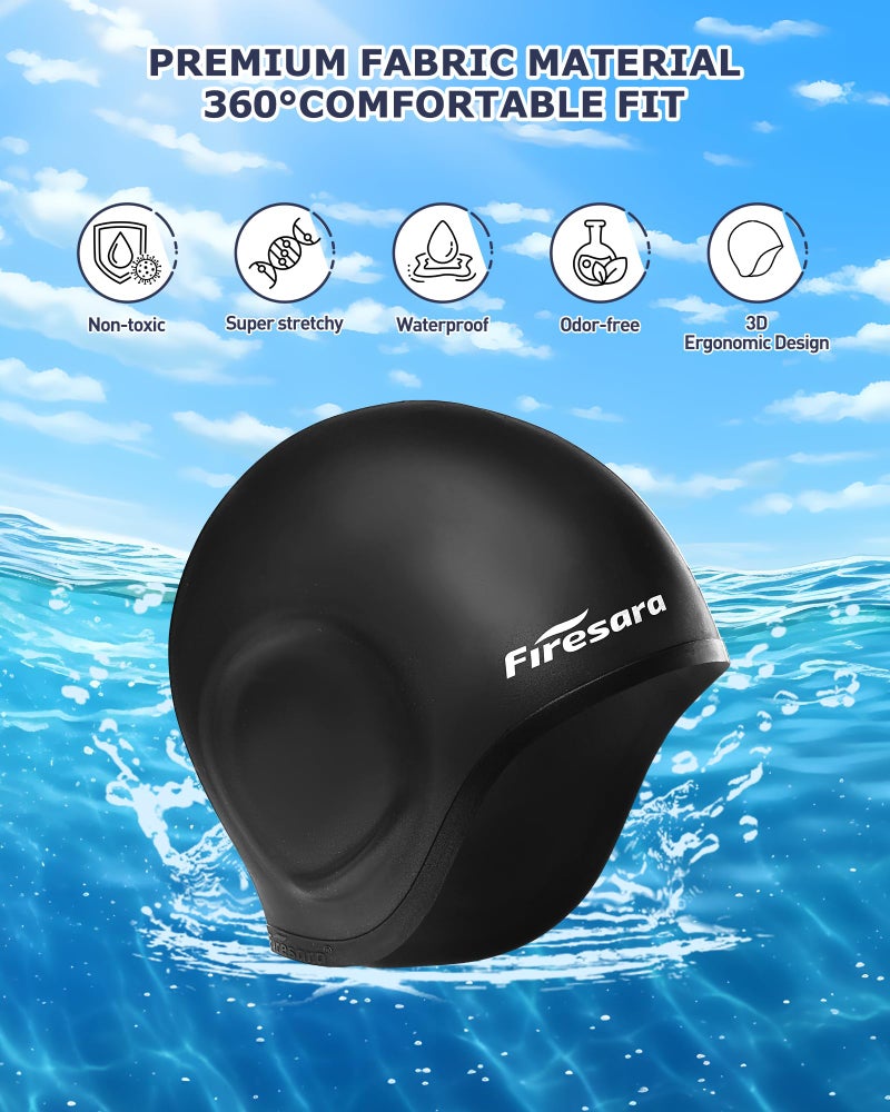 Firesara Swim Cap, Firesara Original Undated Swimming Cap 3D Ergonomic Design Comfortable Durable Ear Protection for Women Kids Adults Men Boys Girls for Long or short Hair with Nose Clip and Ear Plugs (Black) - Image 3