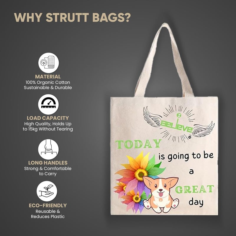STRUTT Foldable Canvas Tote Bag for Women, Tote Bag for College Girls,100% Organic Cotton Reusable Shopping Bag for Grocery, Eco-Friendly Multi-Purpose Bag for Travel & Daily Use - in Great Days - Image 2