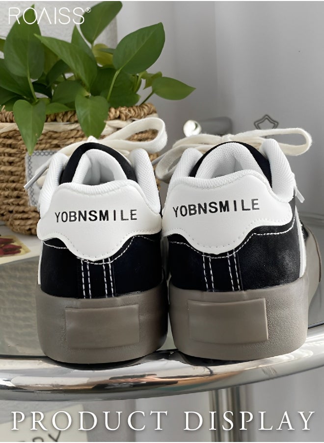 Women's Matte Pu Leather Patchwork Casual Shoes Lace Up Design Anti Slip Thick Sole Flat Sole Sneakers Fashion Versatile Canvas Shoes