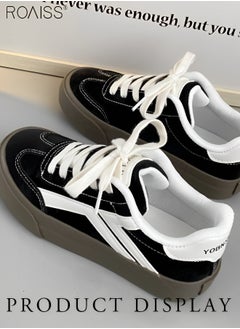 roaiss Women's Matte Pu Leather Patchwork Casual Shoes Lace Up Design Anti Slip Thick Sole Flat Sole Sneakers Fashion Versatile Canvas Shoes  - Image 1