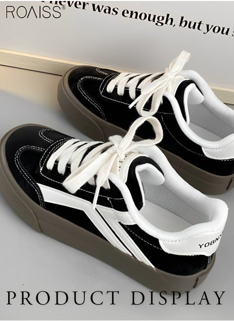 Women's Matte Pu Leather Patchwork Casual Shoes Lace Up Design Anti Slip Thick Sole Flat Sole Sneakers Fashion Versatile Canvas Shoes