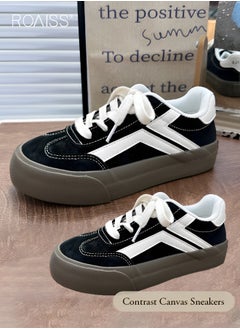 roaiss Women's Matte Pu Leather Patchwork Casual Shoes Lace Up Design Anti Slip Thick Sole Flat Sole Sneakers Fashion Versatile Canvas Shoes  - Image 2
