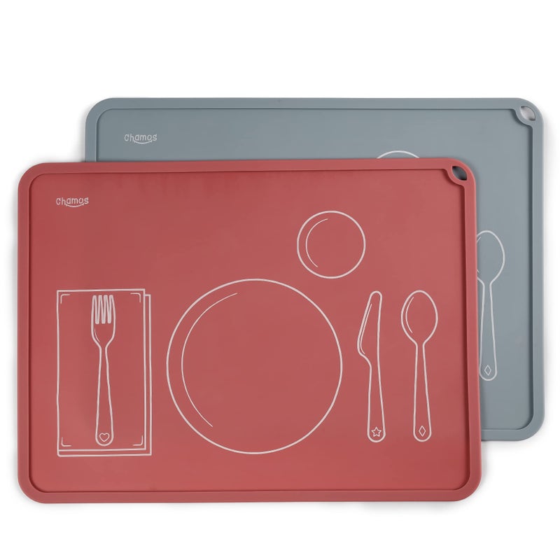 CHAMOS Montessori Placemat for Toddlers - Kids Silicone Mats for Dining Table - Set of 2 - Table Setting Learning (Rose and Grey) - Image 1