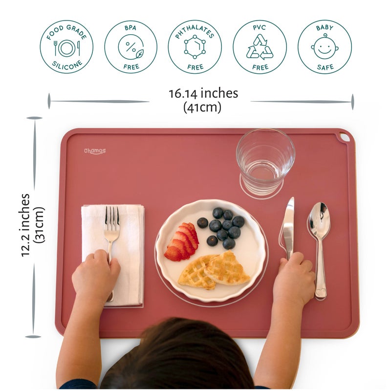 CHAMOS Montessori Placemat for Toddlers - Kids Silicone Mats for Dining Table - Set of 2 - Table Setting Learning (Rose and Grey) - Image 2