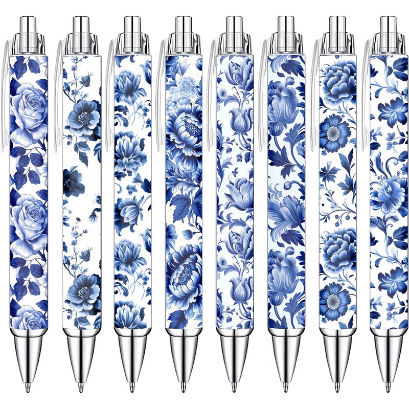 Idealmuzik Blue and White Porcelain Pens Set â€“ Elegant Ceramic-Inspired Writing Pens with Smooth Black Ink â€“ Classic Gift for Students, Teachers, Office Use, Party Favors, Holidays, and Everyday Writing, 8 Pack - Image 1