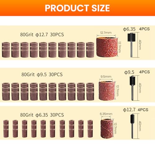 Serplex® 102pcs 80 Grit Drum Sander Sleeves Abrasive Sleeves Set with 1/2 inch, 3/8 inch, 1/4 Inch Sanding Drum Mandrels, Oxide Sandpaper Sanding Drum Sanding Bands for Shaping, Smoothing, Grinding - Image 2