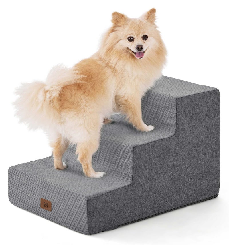 ABCPET Dog Stairs for Small Dog Steps for Bed Ramps Stairs Extra Wide Steps for Bed Foam Stairs for Couch Sofa 35D Strong Support Pet Stairs Non-Slip Bottom Pet Steps to Get on Bed, Grey, 3 Steps - Image 1