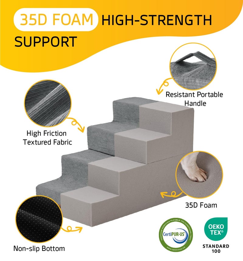 ABCPET Dog Stairs for Small Dog Steps for Bed Ramps Stairs Extra Wide Steps for Bed Foam Stairs for Couch Sofa 35D Strong Support Pet Stairs Non-Slip Bottom Pet Steps to Get on Bed, Grey, 3 Steps - Image 4