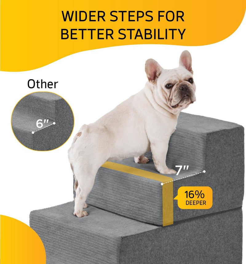 ABCPET Dog Stairs for Small Dog Steps for Bed Ramps Stairs Extra Wide Steps for Bed Foam Stairs for Couch Sofa 35D Strong Support Pet Stairs Non-Slip Bottom Pet Steps to Get on Bed, Grey, 3 Steps - Image 3