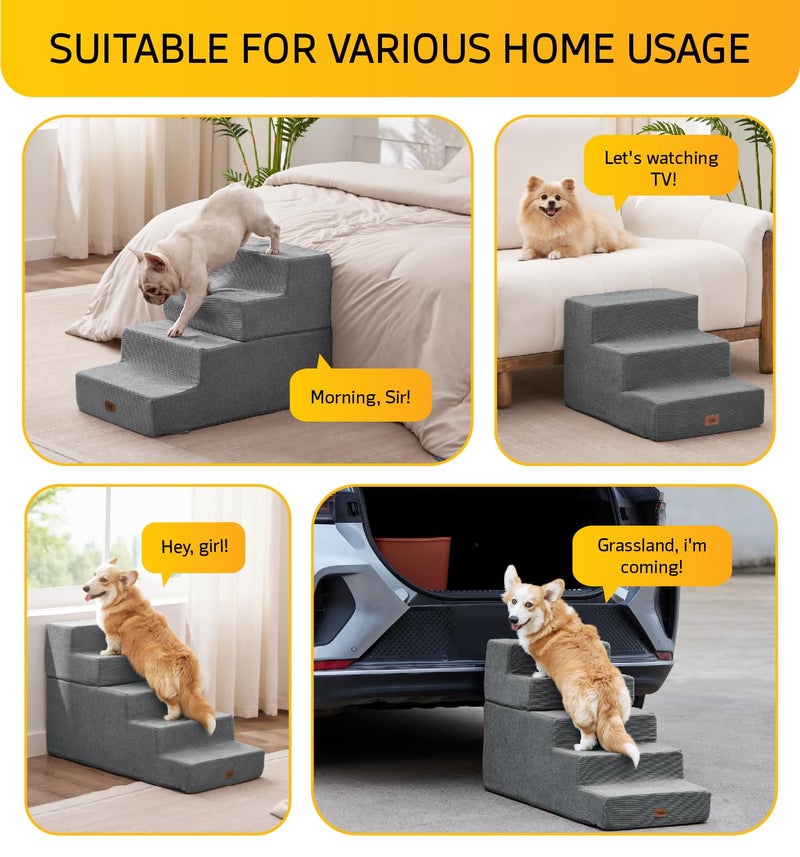 ABCPET Dog Stairs for Small Dog Steps for Bed Ramps Stairs Extra Wide Steps for Bed Foam Stairs for Couch Sofa 35D Strong Support Pet Stairs Non-Slip Bottom Pet Steps to Get on Bed, Grey, 3 Steps - Image 2
