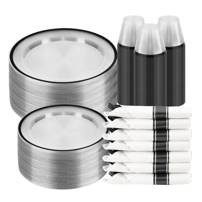 350PCS CLEAR BLACK DISPOSABLE PARTY SET FOR 50 GUESTS 100 PLATES 50 CUPS 50 NAPKINS PLASTIC CUTLERY