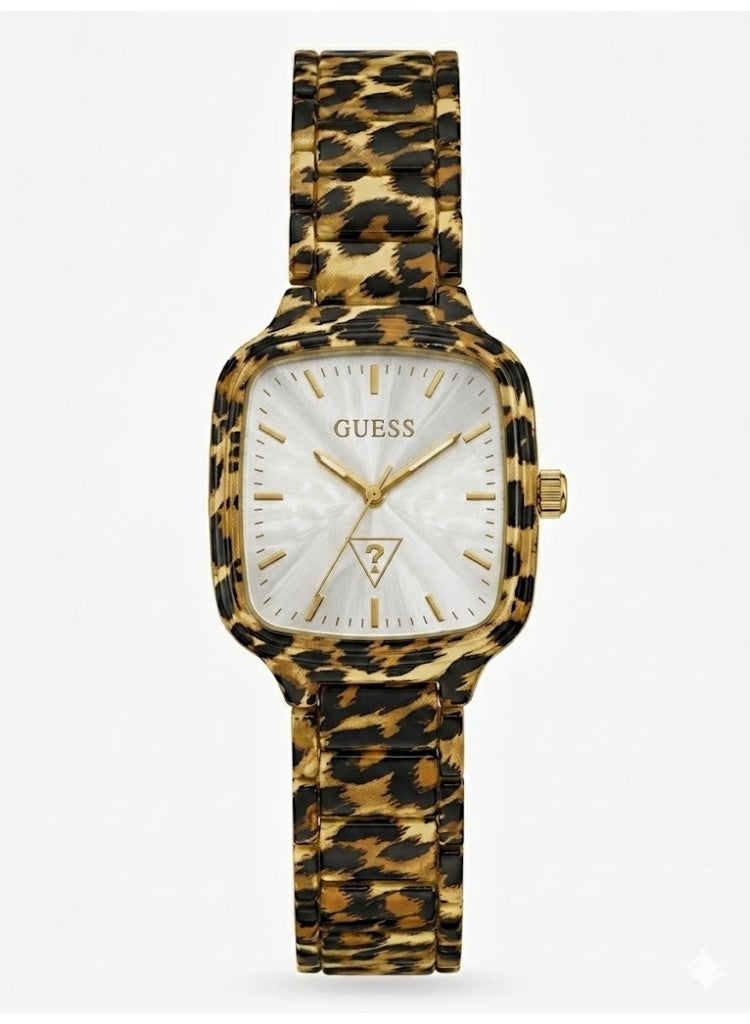 GUESS Women's Cushion Case Watch with Leopard Print Frame & Link Bracelet, Silver Dial - Image 1