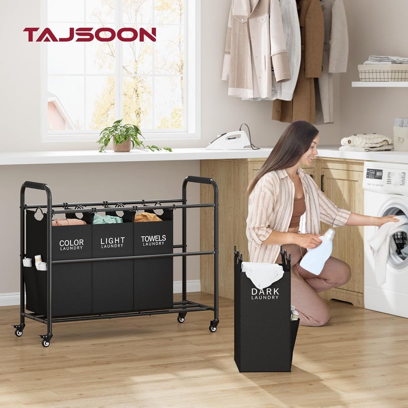 Tajsoon عربة تصنيف الملابس من بـ 4 أكياس، سلة تصنيف الملابس مقسمة إلى 4 أقسام مزودة بعجلات دوارة قوية قابلة للقفل، سلة فصل الملابس مع أكياس قابلة للإزالة لتخزين الملابس القذرة، لون أسود - Image 2