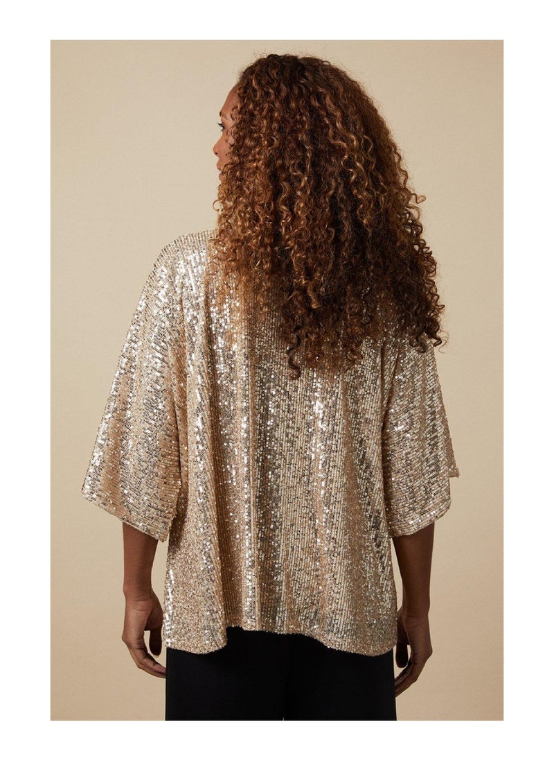 Sequin Collarless Midi Kimono