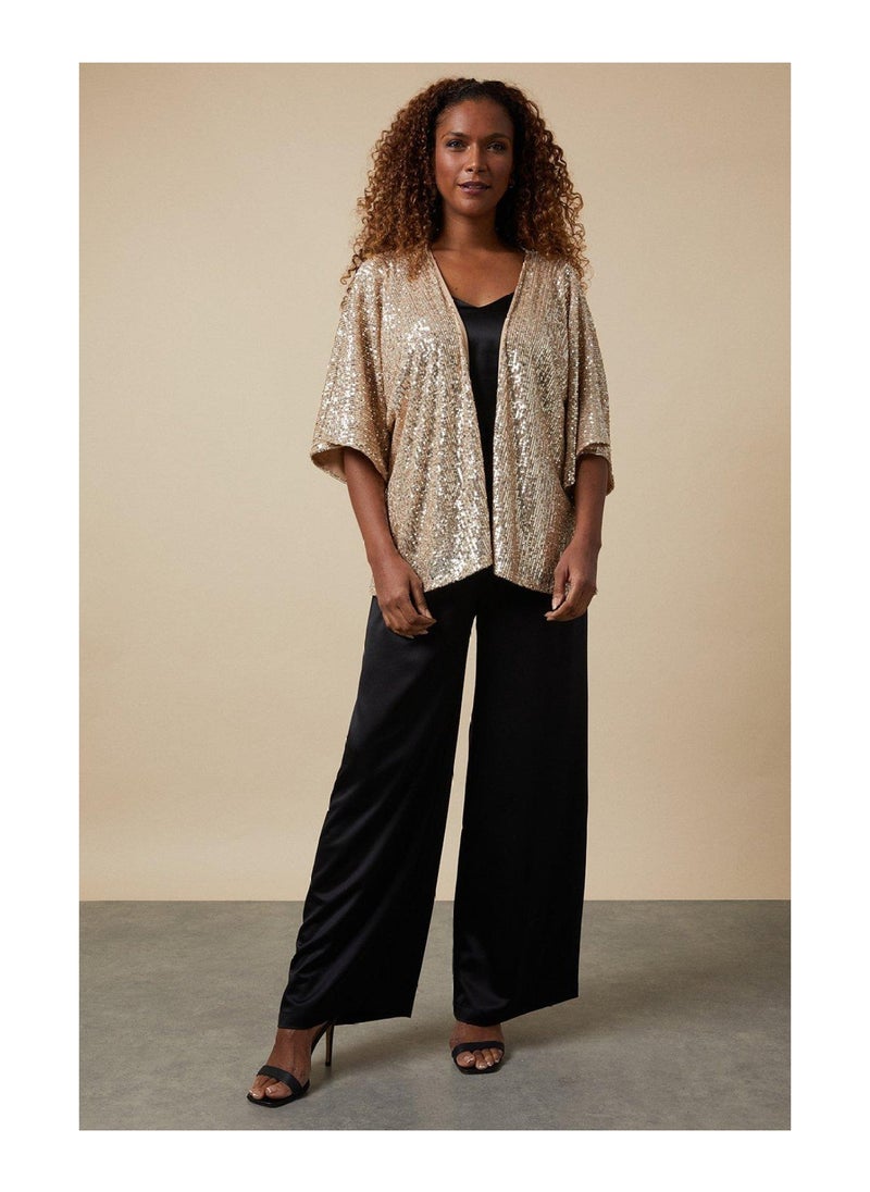 Sequin Collarless Midi Kimono