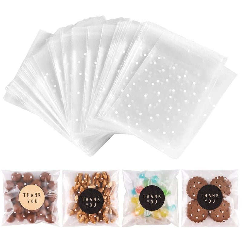NPLUX 100PACK Self Sealing Cellophane Bags Clear Cookie Treat Bags Thank You for Gift Giving Candy with StickersWhite Polka Dot 4x4 INCH