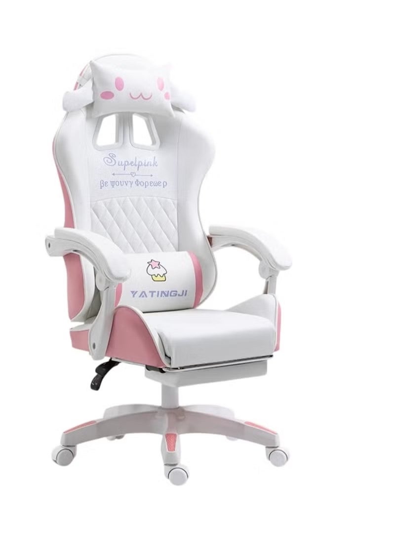 Huitich White & Pink Cartoon Gaming Chair with Footrest – Ergonomic Kids Study & Gaming Chair - Image 1