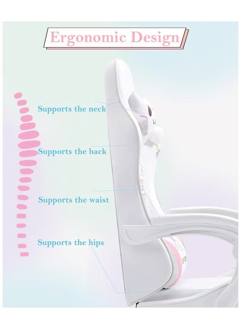 Huitich White & Pink Cartoon Gaming Chair with Footrest – Ergonomic Kids Study & Gaming Chair - Image 3