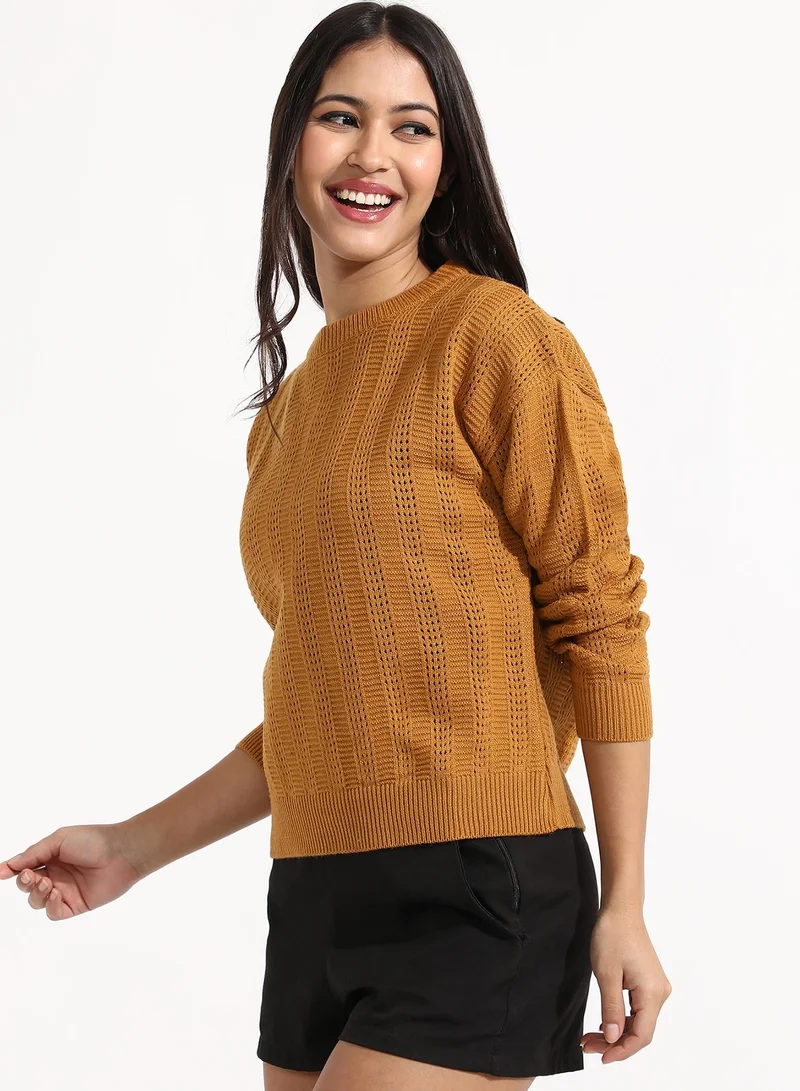 Campus Sutra Women's Mustard Yellow Self-Design Pullover Sweater