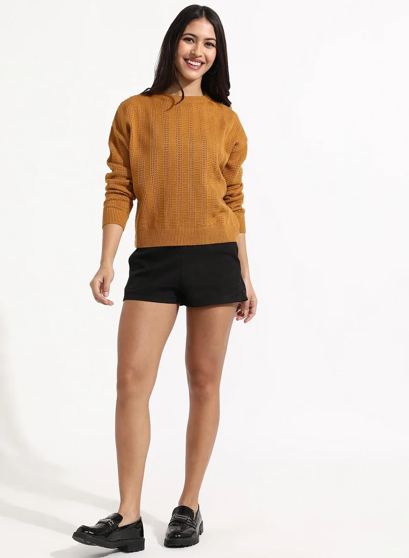 Campus Sutra Women's Mustard Yellow Self-Design Pullover Sweater