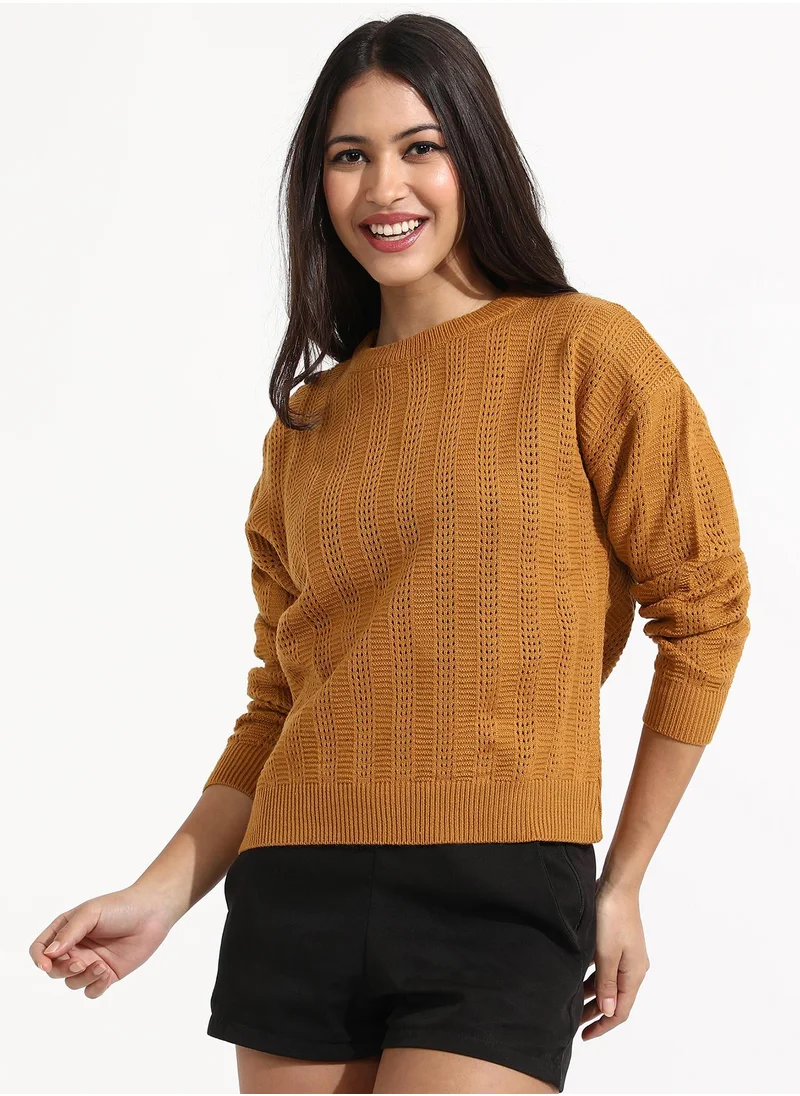 Campus Sutra Women's Mustard Yellow Self-Design Pullover Sweater