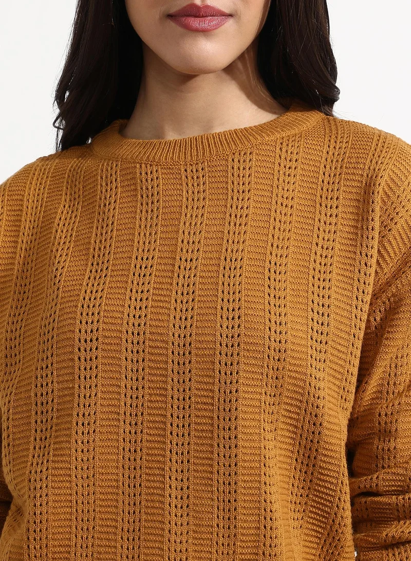 Campus Sutra Women's Mustard Yellow Self-Design Pullover Sweater
