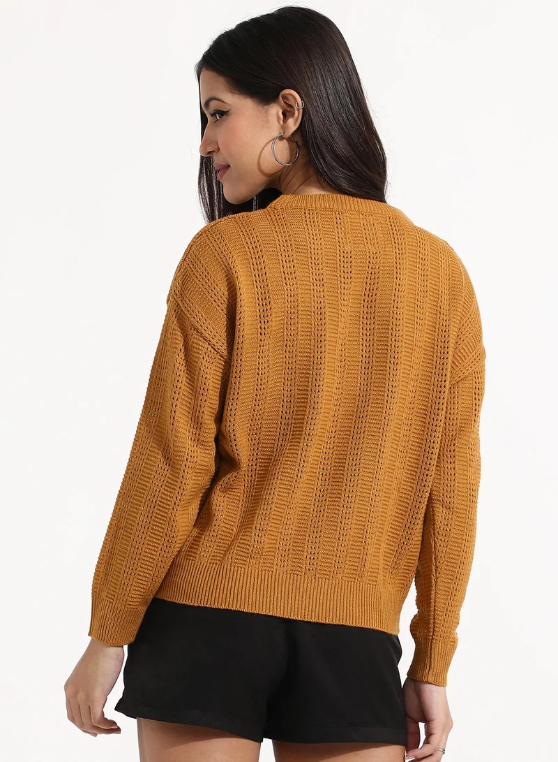 Campus Sutra Women's Mustard Yellow Self-Design Pullover Sweater