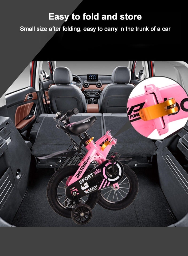 Zhiltong 18 Inch Kids Bike, Foldable Bicycle for Kids 7-9 Years Boys and Girls, with Flashing Training Wheels and Basket, Carbon Steel Frame Bikes with Adjustable Seat (Pink) - Image 2