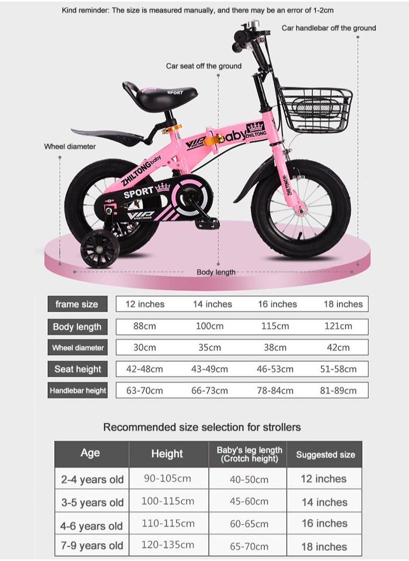 Zhiltong - 18 Inch Foldable Kids Bike, Children's Bicycle for 3-5 Years Old Girls And Boys, with Training Wheels Carbon Steel Frame Responsive Brakes Safe and Stable Shock-absorbing and Wear-resistant Tires - Image 1